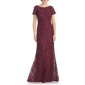 JS Collections Red Lace Short Sleeve A-Line Evening Gown Size 4 Formal Dress